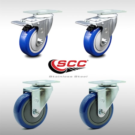 Service Caster 4 Inch SS Blue Polyurethane Top Plate Caster Total Lock Brakes SCC, 2PK SCC-SSTTL20S414-PPUB-BLUE-2-S-2